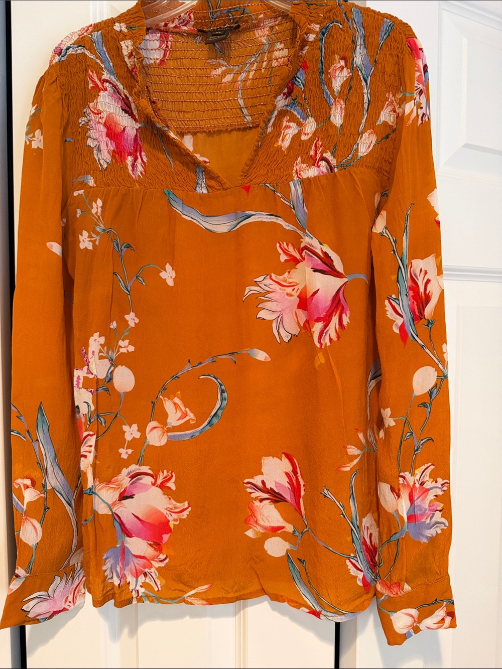 Smocked Yoke Floral Blouse in Rust Orange